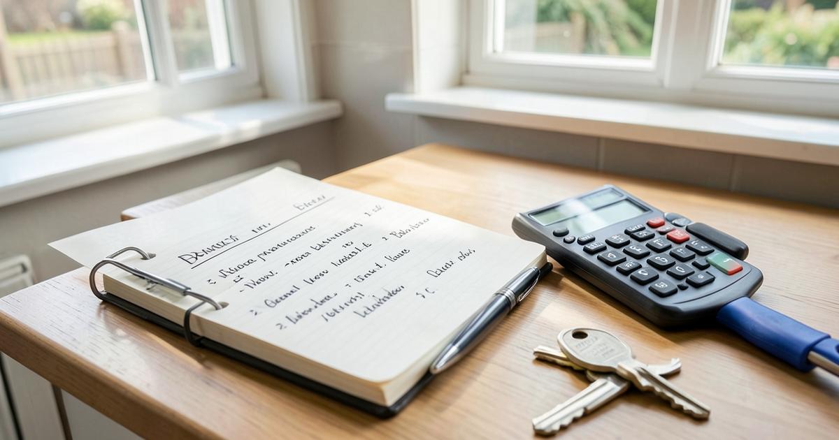 Handwritten window cleaning business plan figures in a notebook beside a calculator and van keys