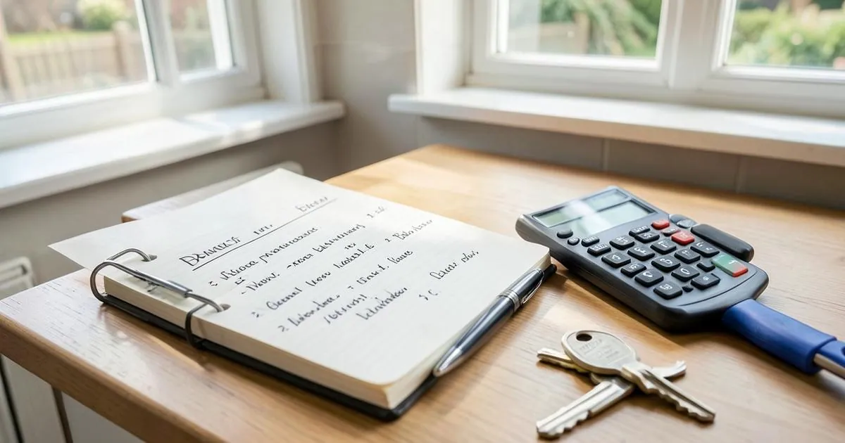 Handwritten window cleaning business plan figures in a notebook beside a calculator and van keys