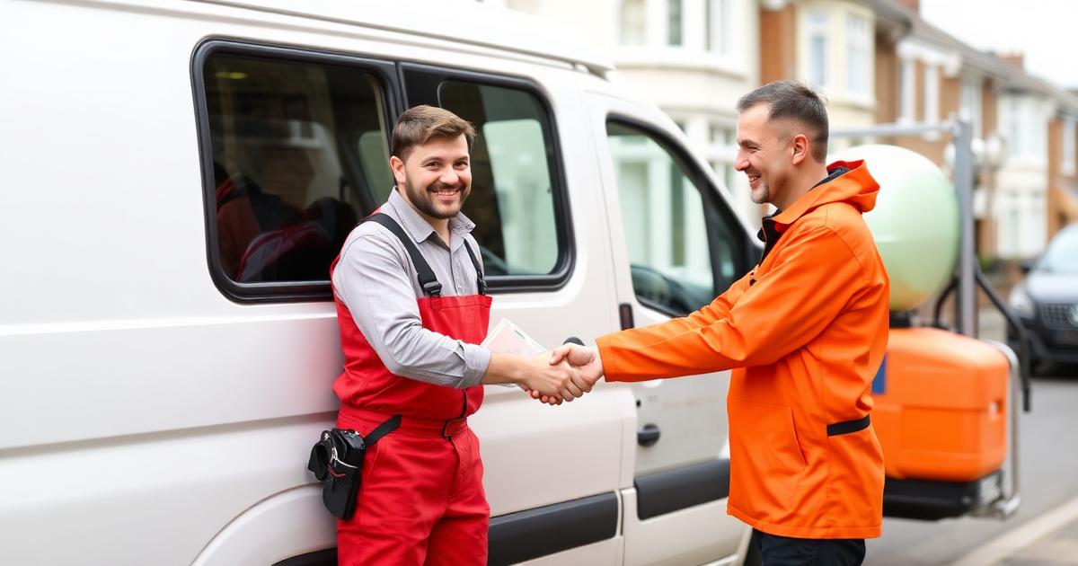 Two window cleaners shaking hands beside a work van while handing over a round