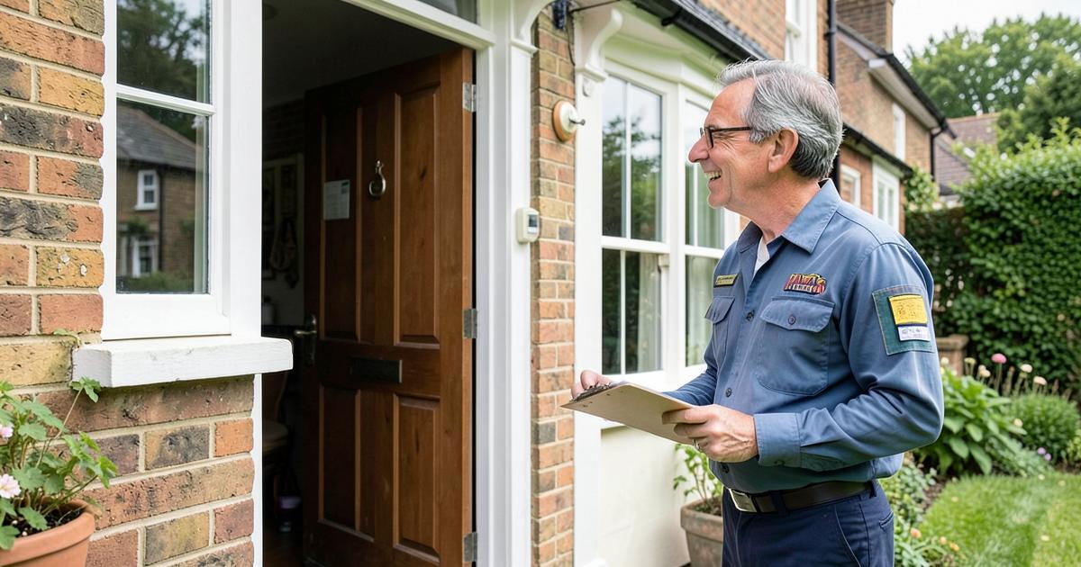 Window cleaner in uniform talking to a homeowner at their front door