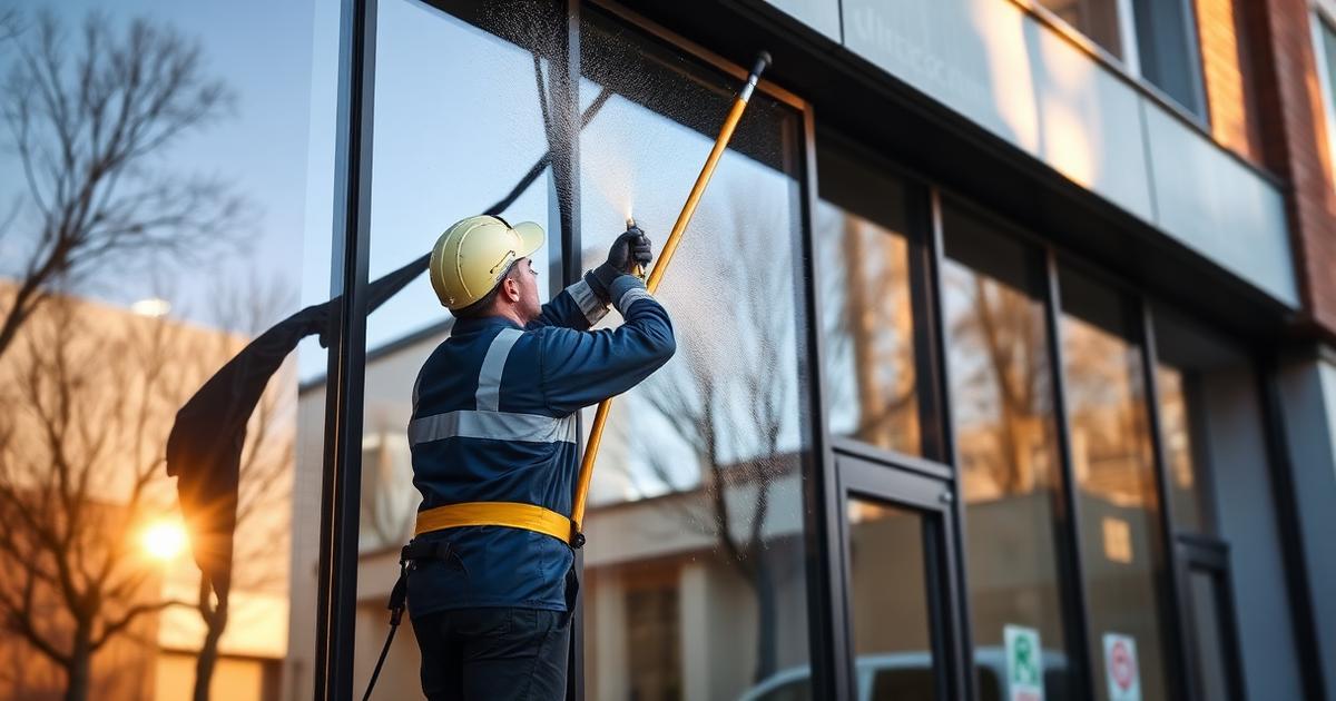 Commercial window cleaner using a water-fed pole on a glass-fronted UK office building
