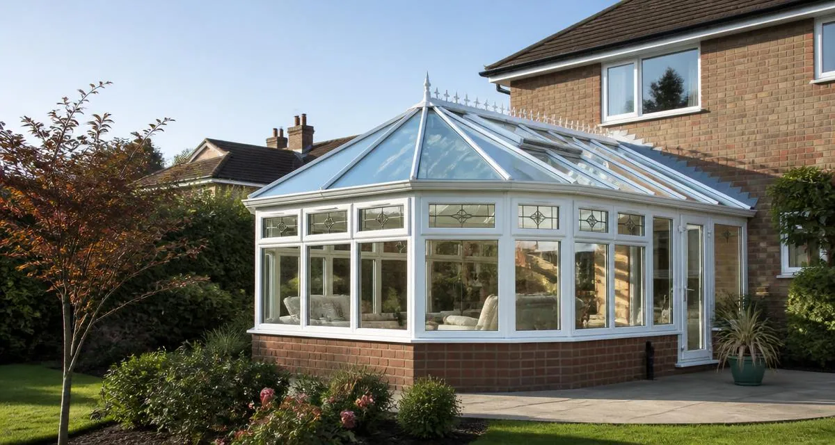 Freshly cleaned glass conservatory roof on a British suburban home