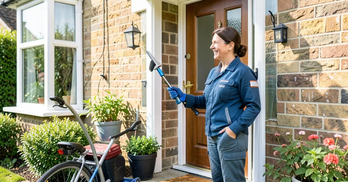 Window cleaner sending a friendly follow-up message to a customer from his van