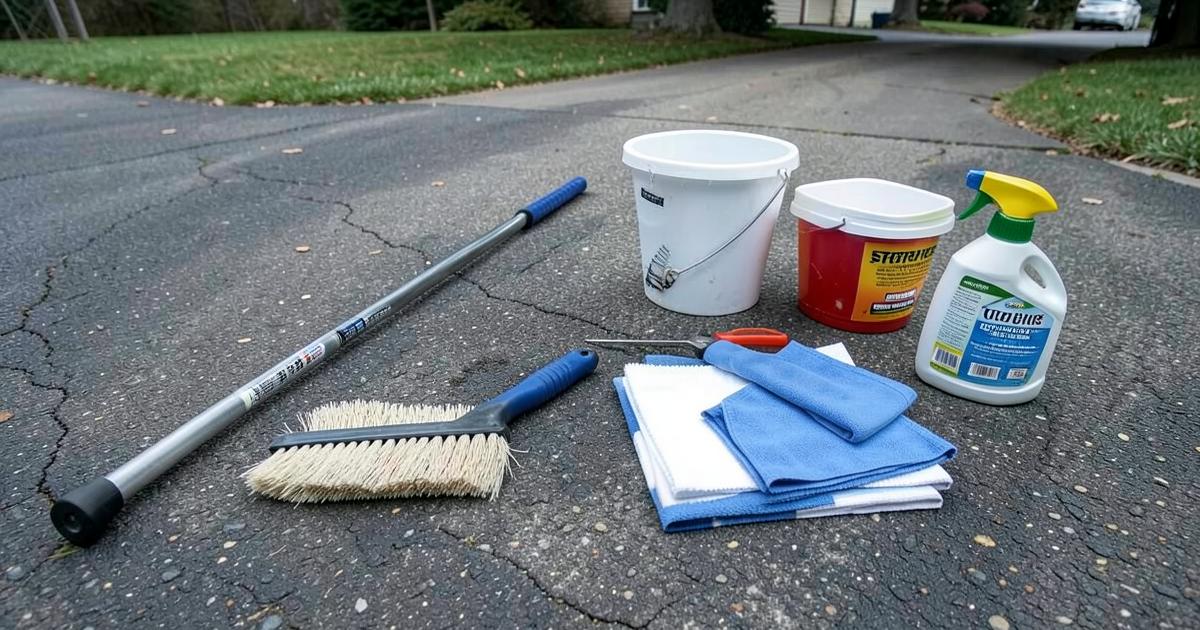 Window cleaning starter kit laid out on a driveway with pole, brush, squeegee and buckets