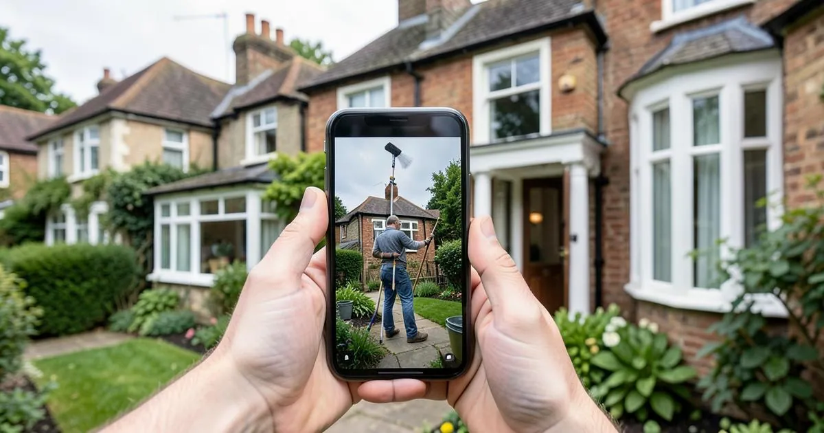 Phone filming a window cleaner at work outside a British house for a social media advert