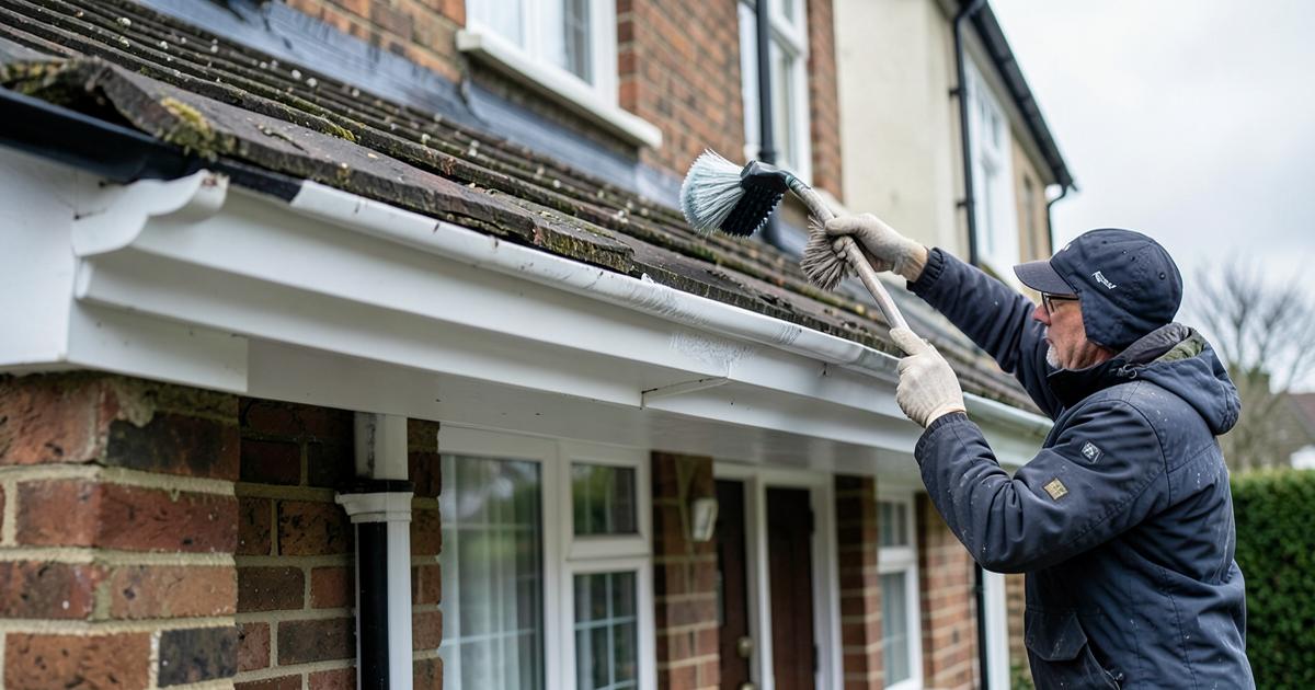 Cleaner brushing white uPVC fascia and soffit boards on a British semi-detached house