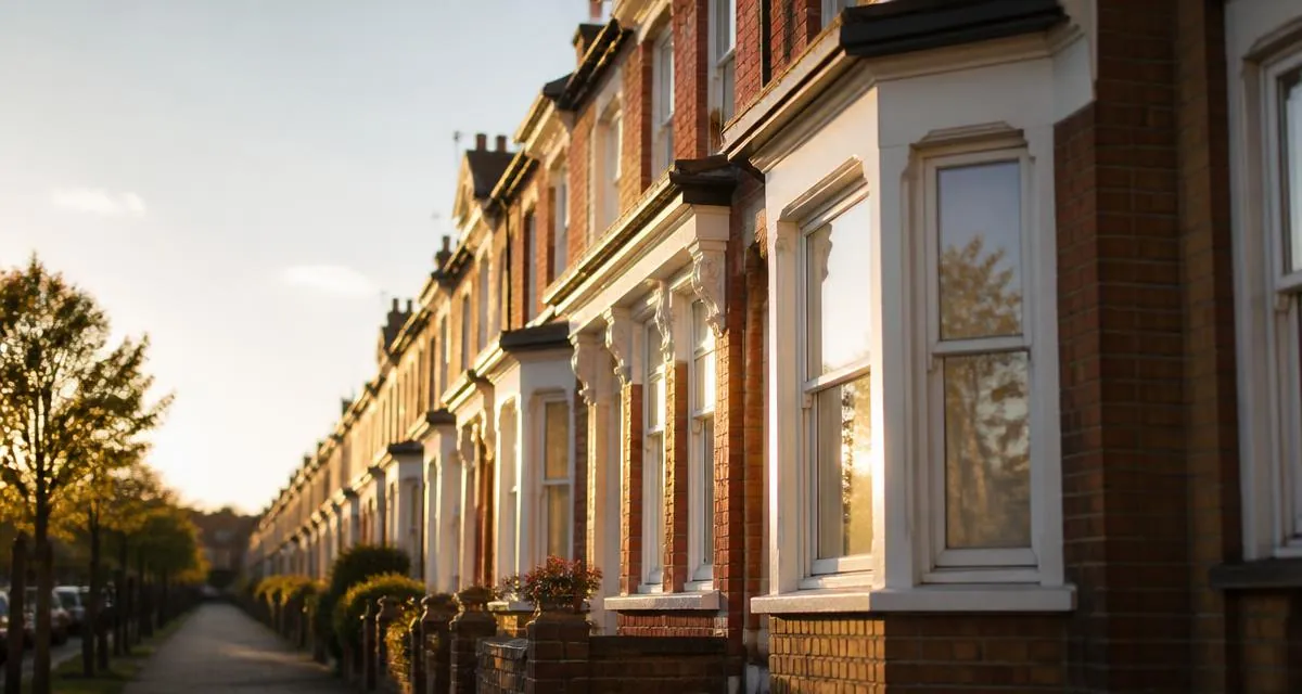 Row of British terraced houses with clean windows in golden evening light