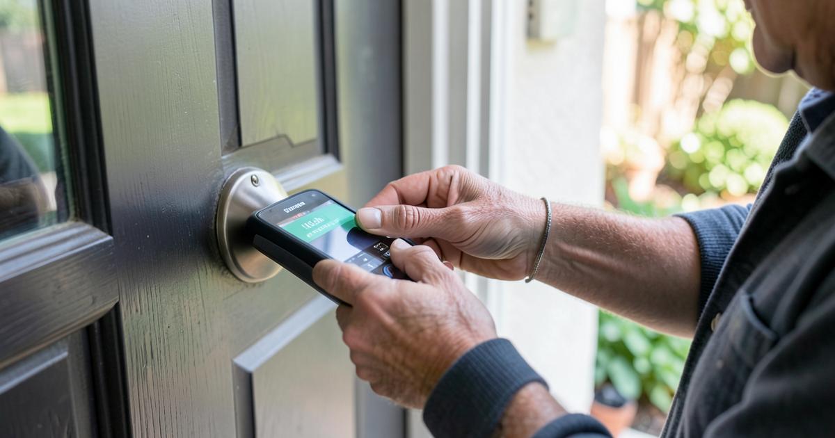 Homeowner paying a window cleaner by card on a mobile card reader at the front door