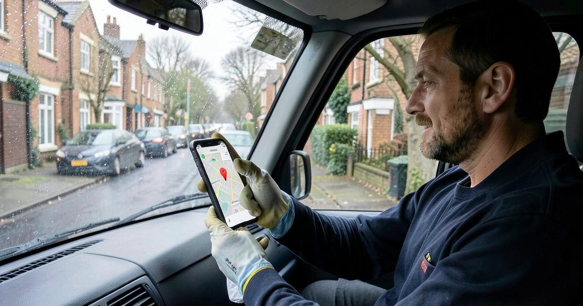 Window cleaner in his van checking a local map listing on his phone