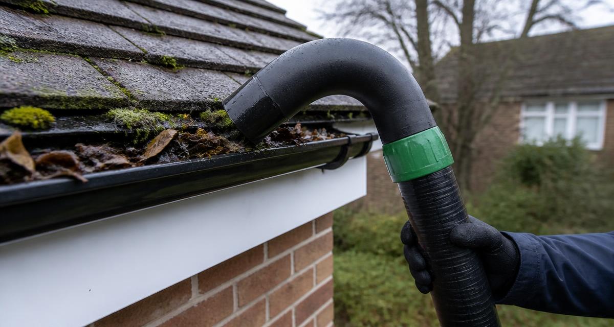 Gutter vacuum pole clearing moss and leaves from the guttering of a UK house