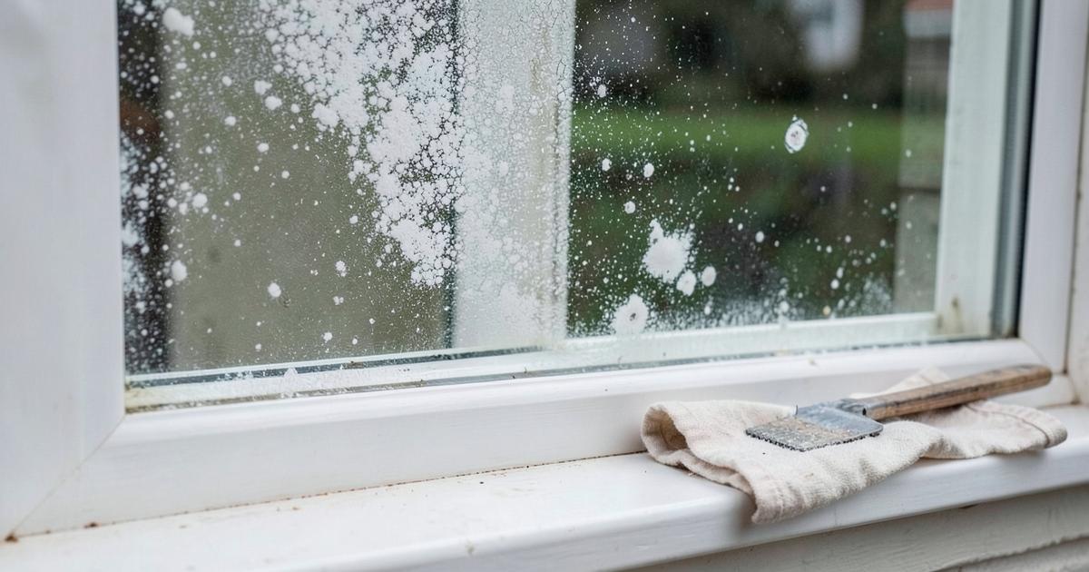 Hard water limescale spotting on a house window pane beside a cloth and scraper