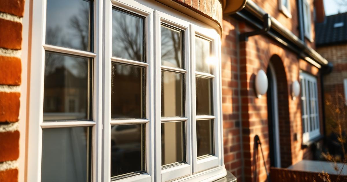 Freshly cleaned white casement windows on a British red-brick house in low sunlight