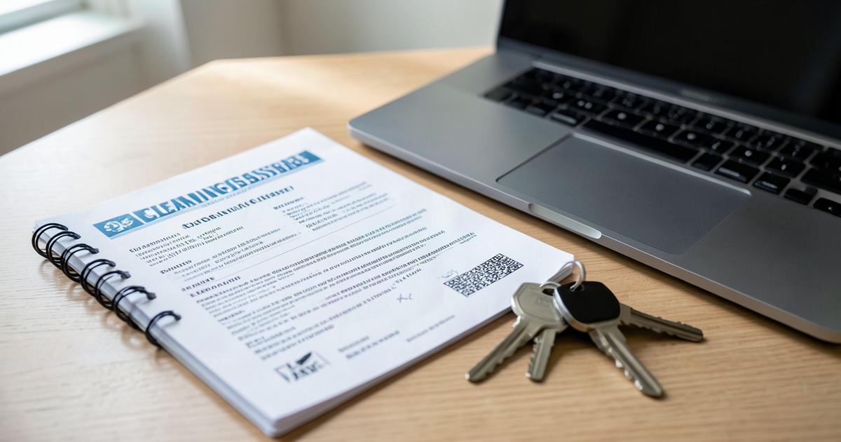 Insurance paperwork, notebook, laptop and van keys on a desk for a cleaning business