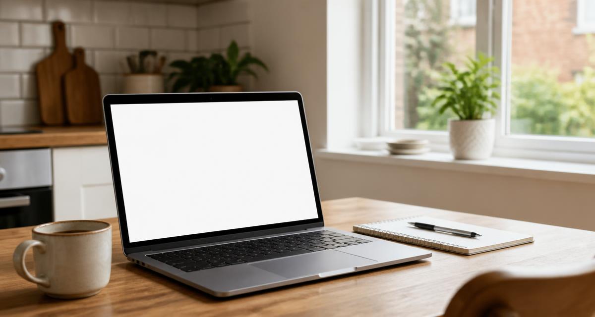 Laptop and notebook on a kitchen table beside a clean window