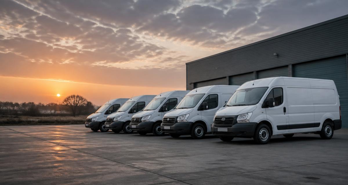Five white work vans parked in a row on a depot forecourt at sunrise