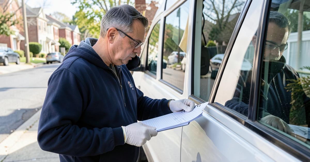 Window cleaner taking a quote enquiry on the phone and writing notes beside his van