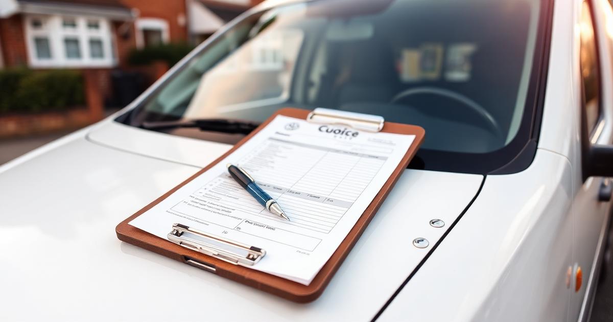 Printed window cleaning quote on a clipboard resting on the bonnet of a white work van