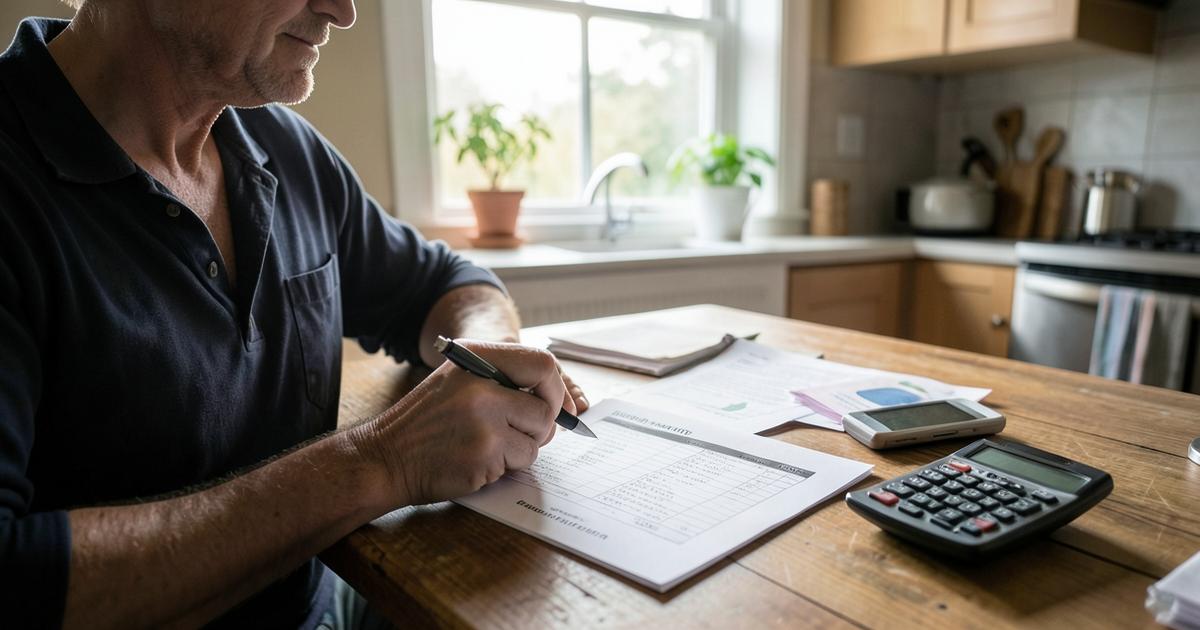 Window cleaner reviewing his customer round list and prices at a kitchen table