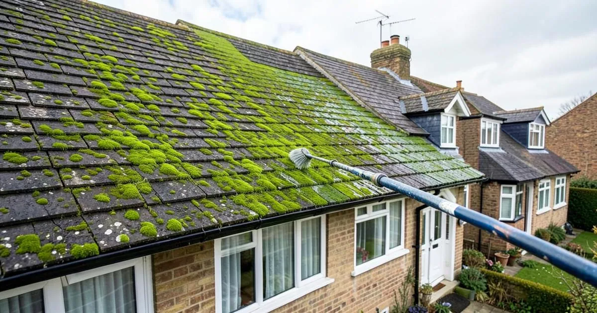 Mossy roof tiles on a British house being cleaned from a long soft-wash pole