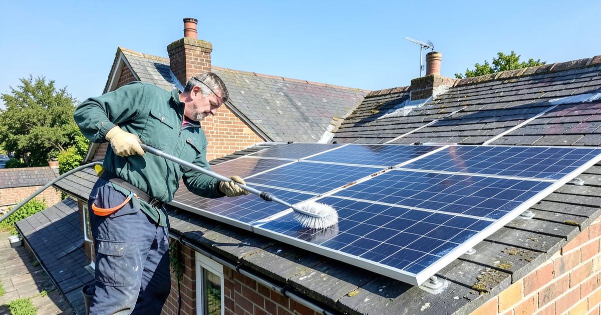 Cleaner using a water-fed pole to clean rooftop solar panels on a UK house