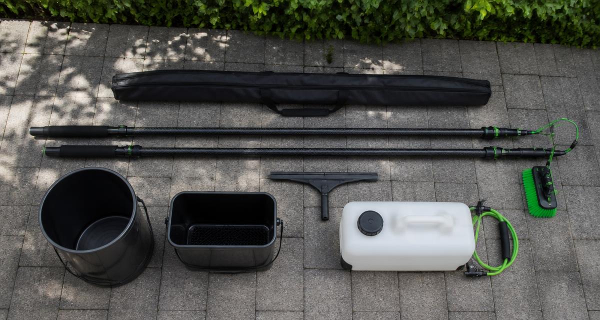 New window cleaning kit laid out on a driveway: poles, brush, squeegee, buckets and water tank