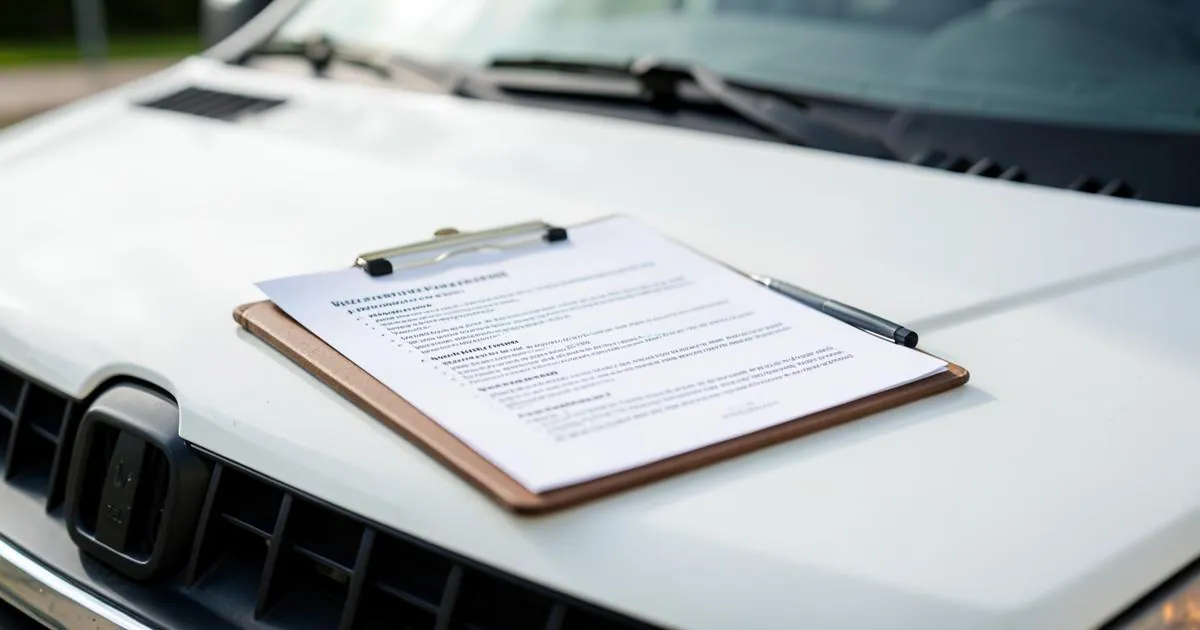Window cleaning terms and conditions document on a clipboard on the bonnet of a white van