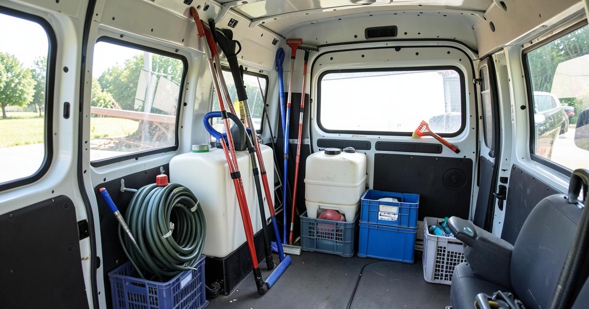 Inside a window cleaning van showing water tank, hose reel and racked poles