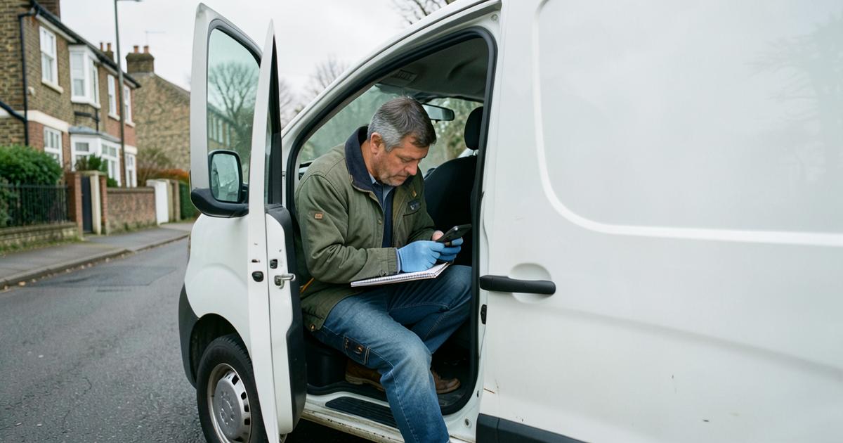 Self-employed window cleaner sitting in his van door checking earnings on a phone