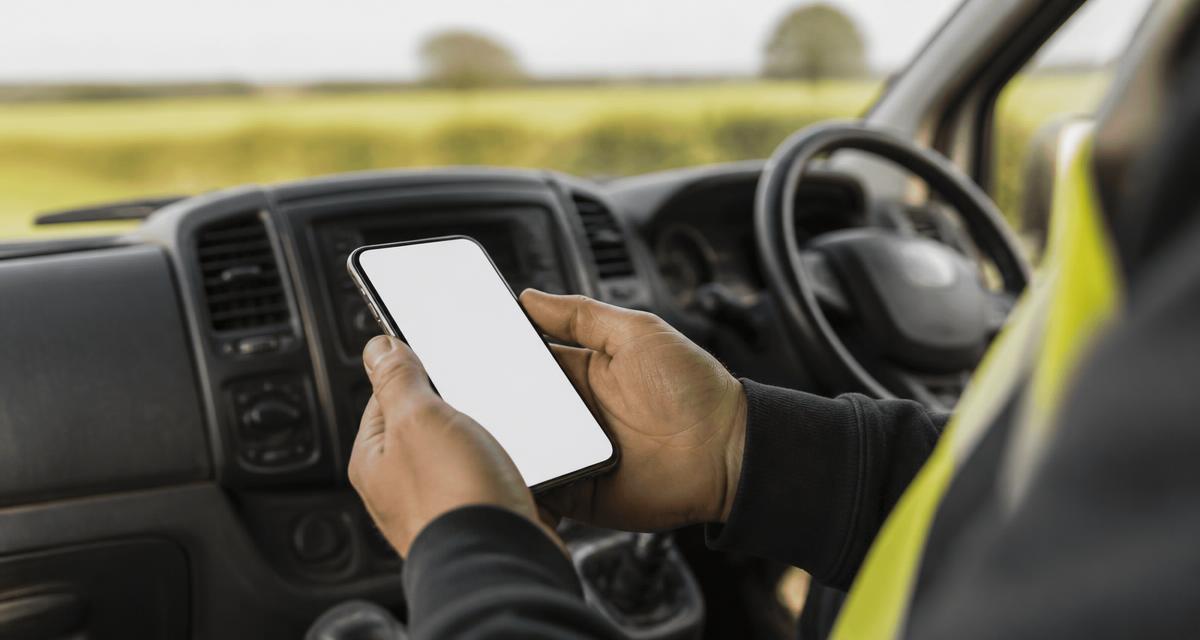 Window cleaner checking their round on a phone in the cab of a work van